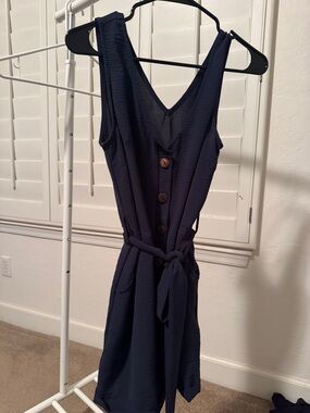V-Neck Navy Mini Romper with Button Front & Tie Waist
